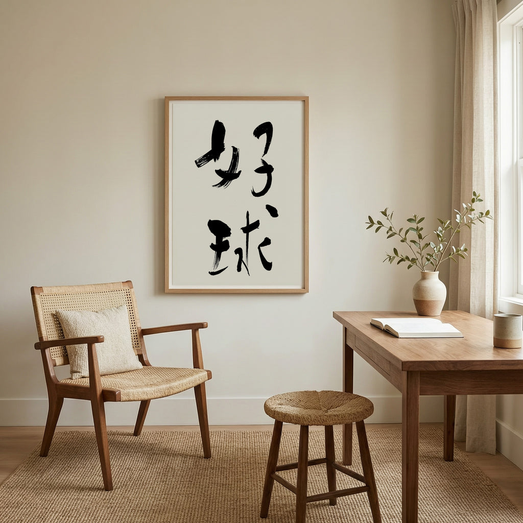 Great Shot Kanji Calligraphy Print | Good Ball in Chinese Characters | Soccer Wall Decor, World Cup Gift, Digital Download PNG